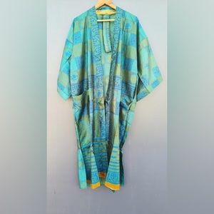 Women's Upcycle Sari Summer Robe Blue Green One Size